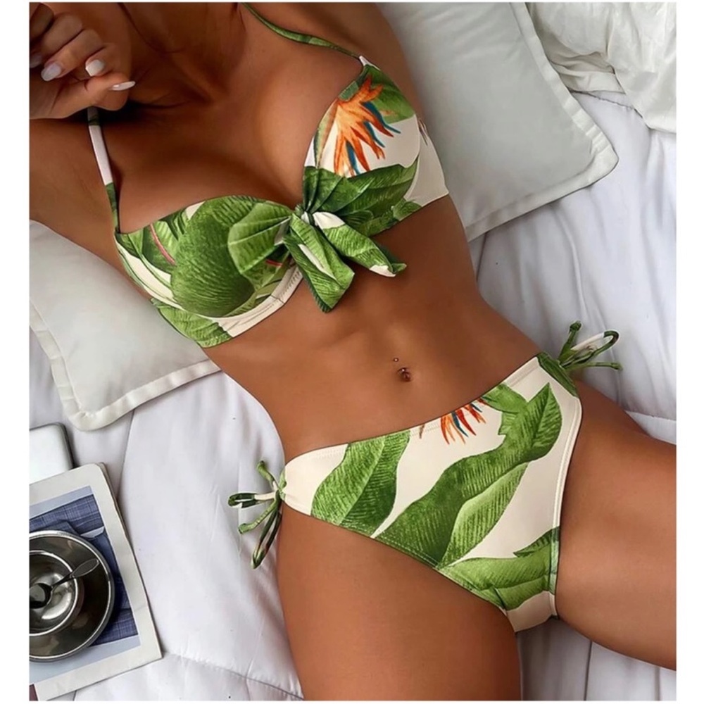 Cream Tropical Leaves Print Tie Beach Swim Bikini S M L XL